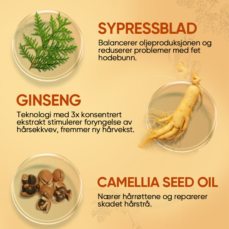 Ginseng- og kamelioljesjampo for tykkere hår. Reduserer hårtap og kontrollerer olje i hodebunnen.