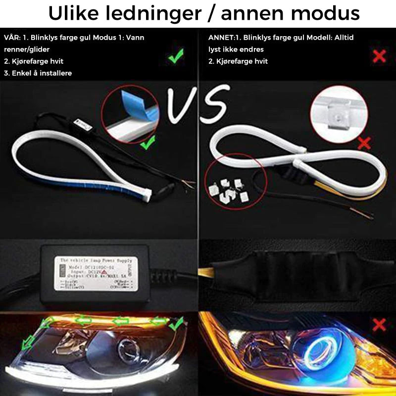 DRL LED-lysstripe med integrert blinklysfunksjon for bil, universell og sikkerhetsfremmende.