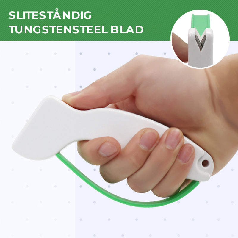 Få skarpe kniver og hageverktøy med denne bærbare grønne knivsliperen. Perfekt for sliping på farten.