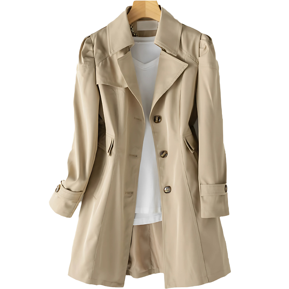 Klassisk kvinne trench coat med belte, tidløs og elegant. Perfekt moteriktig yttertøy for mellomsesongen.