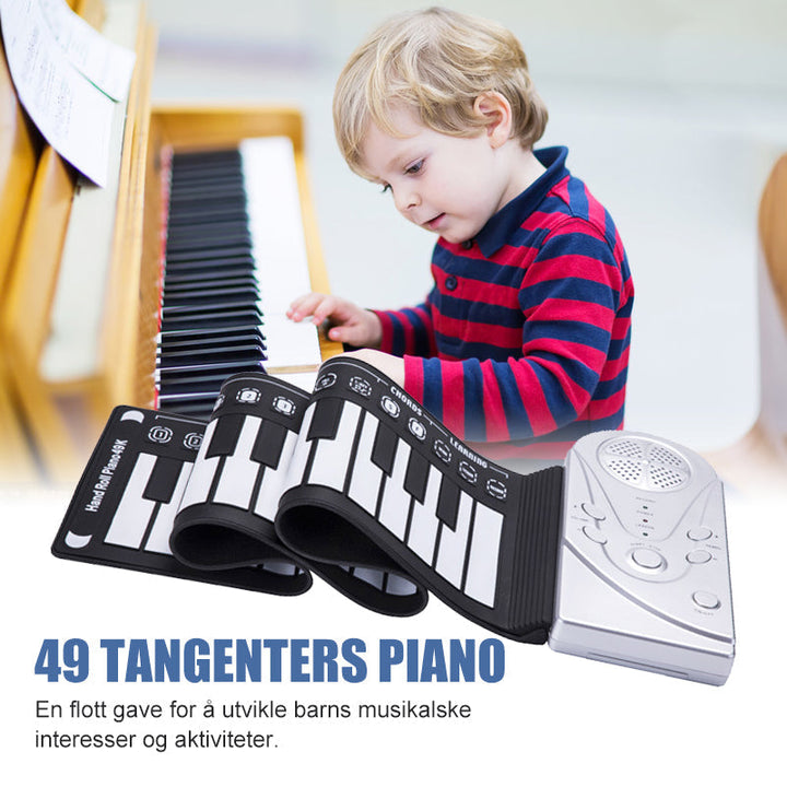 Sammenrullbart digitalt piano i silikon, kompakt og bærbart for musikk på reise.