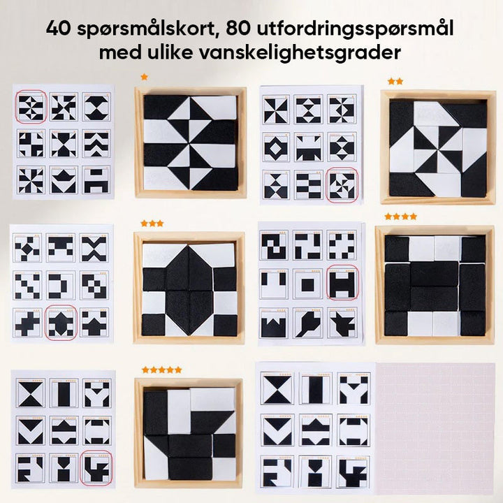 Nærbilde av treklosser til puslespill. Fargerike, glatte brikker for logikkspill og hjernetrim for barn.