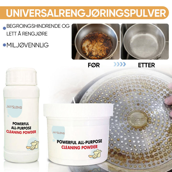Hånd holder skje med hvitt rengjøringspulver, klar for universalt kjøkkenrengjøringsmiddel.
