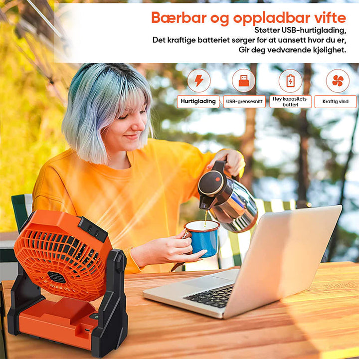 Designet for eventyr: Kompakt campingvifte med USB-lading og kraftig LED-belysning.