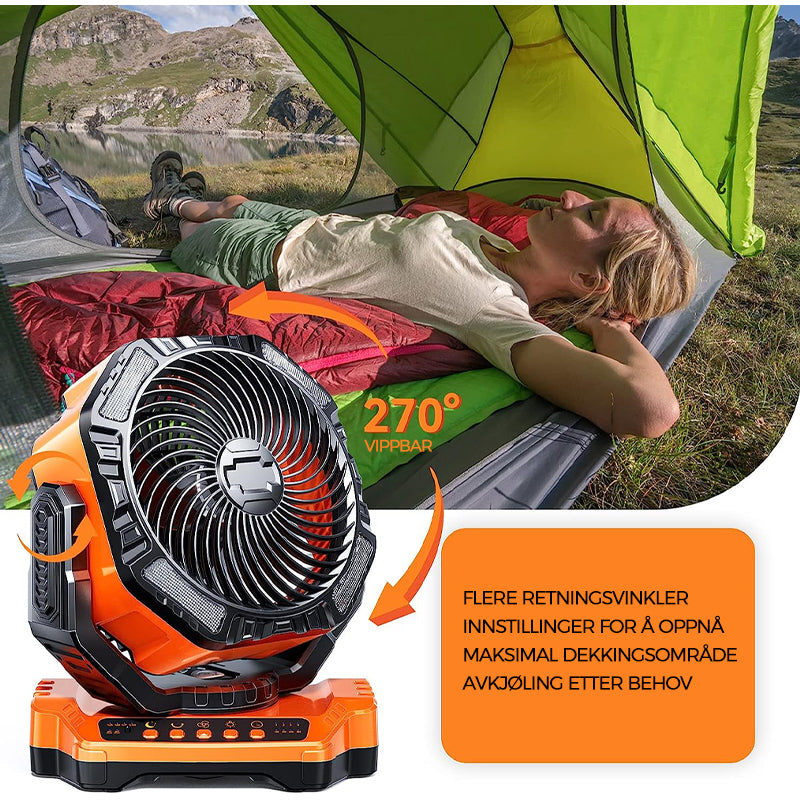 Multifunksjonell campingvifte, oppladbar via USB, med kraftig luft og justerbart lys.