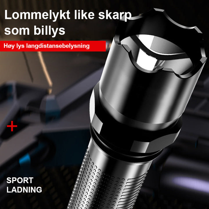 Oppladbar høyeffekt lommelykt. Belysning for mørke stier, utendørs utforskning og sikkerhet.