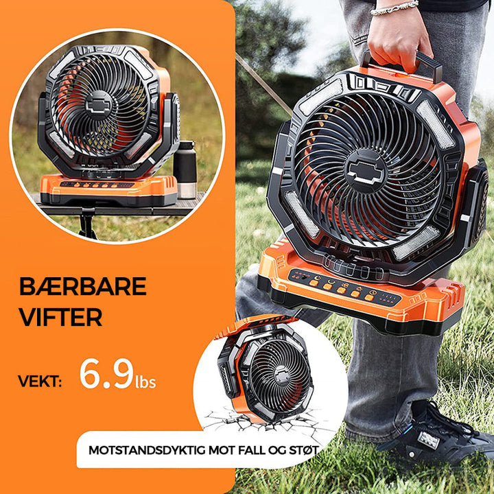 Perfekt campingutstyr: Bærbar vifte med LED-lys og oppladbart batteri for maksimal frihet.
