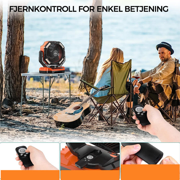 Få kjøling og nødlys med denne kompakte, oppladbare campingviften for alle eventyr.