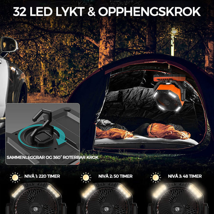 Smart USB-vifte med LED-lys for camping. Gir behagelig luft og trygg belysning utendørs.