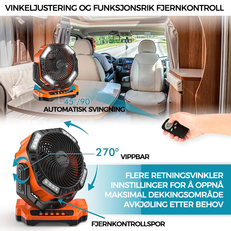 Oppladbar teltvifte med praktisk krok og justerbart LED-lys. Robust for utendørs bruk.