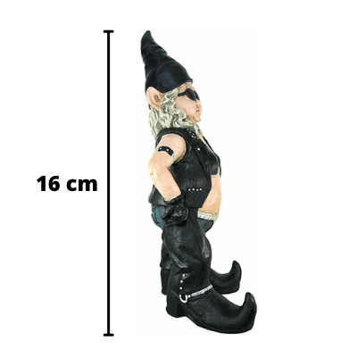 Nisse på motorsykkel, sjarmerende hagegnom figur. Kvinne eller mann, perfekt for utendørs dekorasjon.