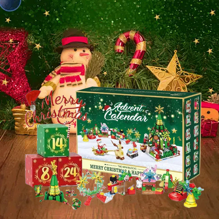 Detaljert bilde av adventskalenderens forside, viser fargerike byggeklosser og juletema.