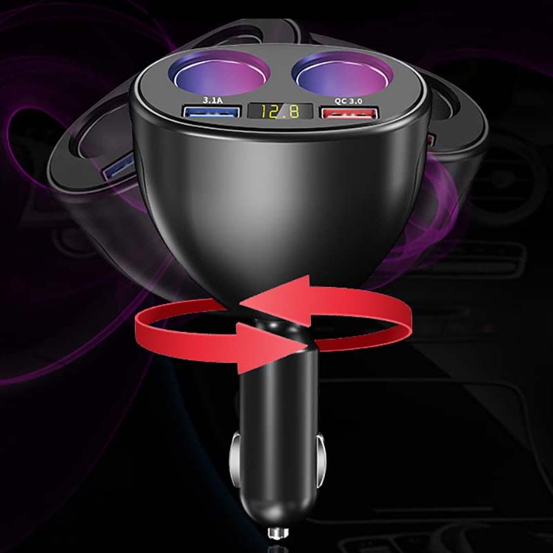 Allsidig bil lader USB. 360° svingbar, to USB-porter og digitalt display for bilens spenning og status.