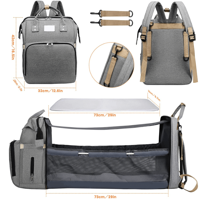 Enkel unisex reiseveske med integrert babyseng, stelleveske og organizer for stressfri babyreise.