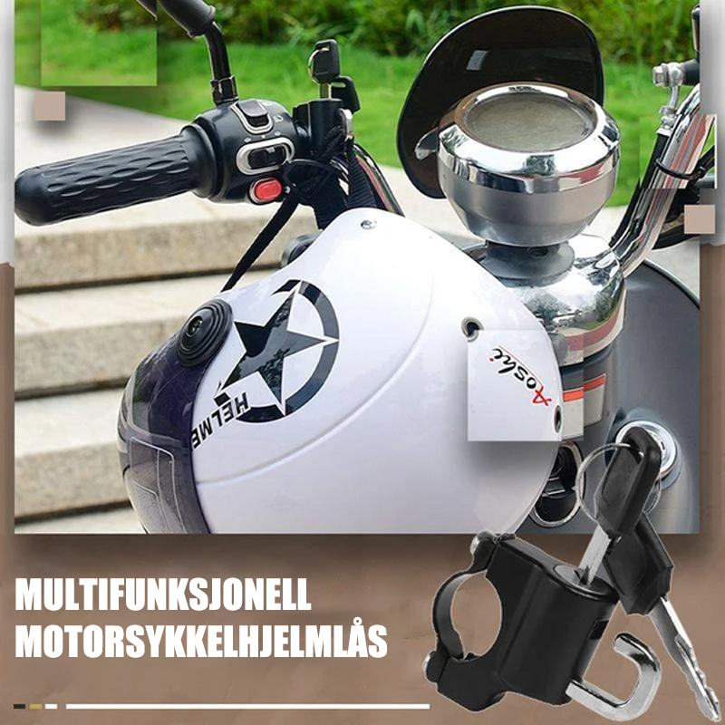 Universal motorsykkelhjelmlås i robust sinklegering, ideell for sikker oppbevaring av MC-hjelm på farten.