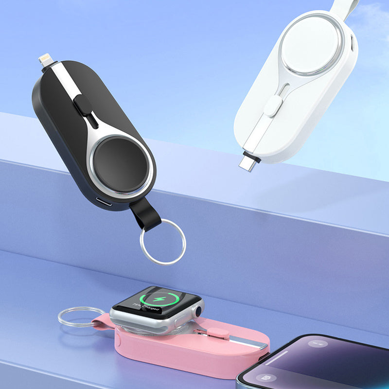 Kompakt nøkkelring nødstrømlader for telefon og smartklokke. Bærbar powerbank for reise og utendørs.