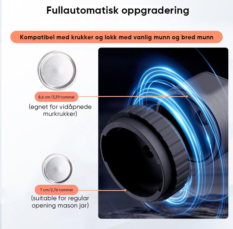Kompakt og oppladbar vakuumforsegler for Mason Jars. Ideell for all matoppbevaring og kjøkkenutstyr.