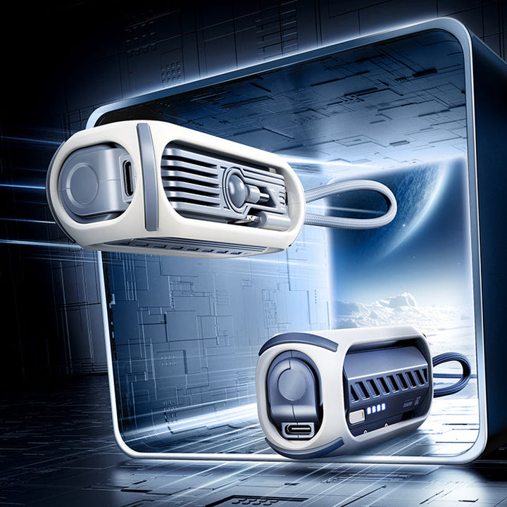 Allsidig powerbank med Type-C og Lightning-kontakter, roterende design for enkel tilkobling.