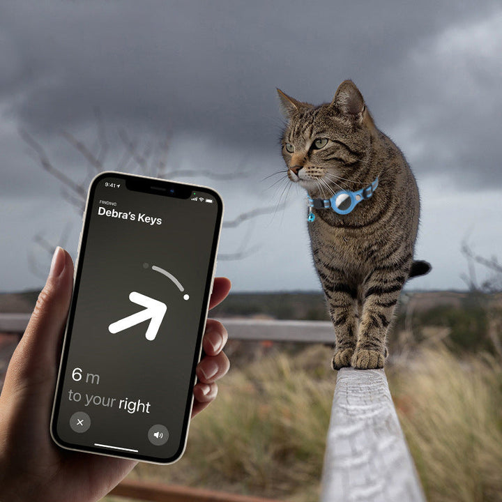 Kattens nye reflekshalsbånd med AirTag-lomme, essensielt utstyr for trygg utendørsaktivitet.