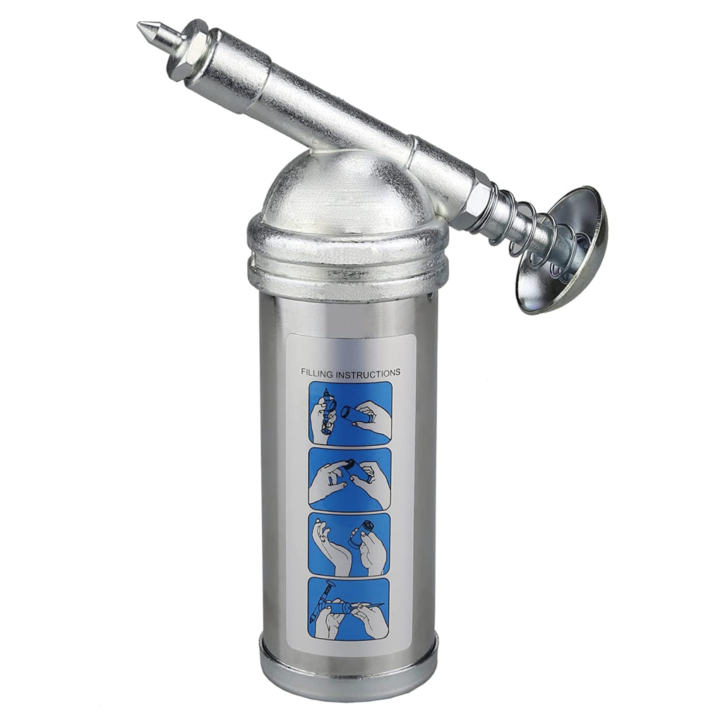 Mini fettpistol for presis smøring, kompakt design. Ideell for verktøy og vedlikehold i garasjen.