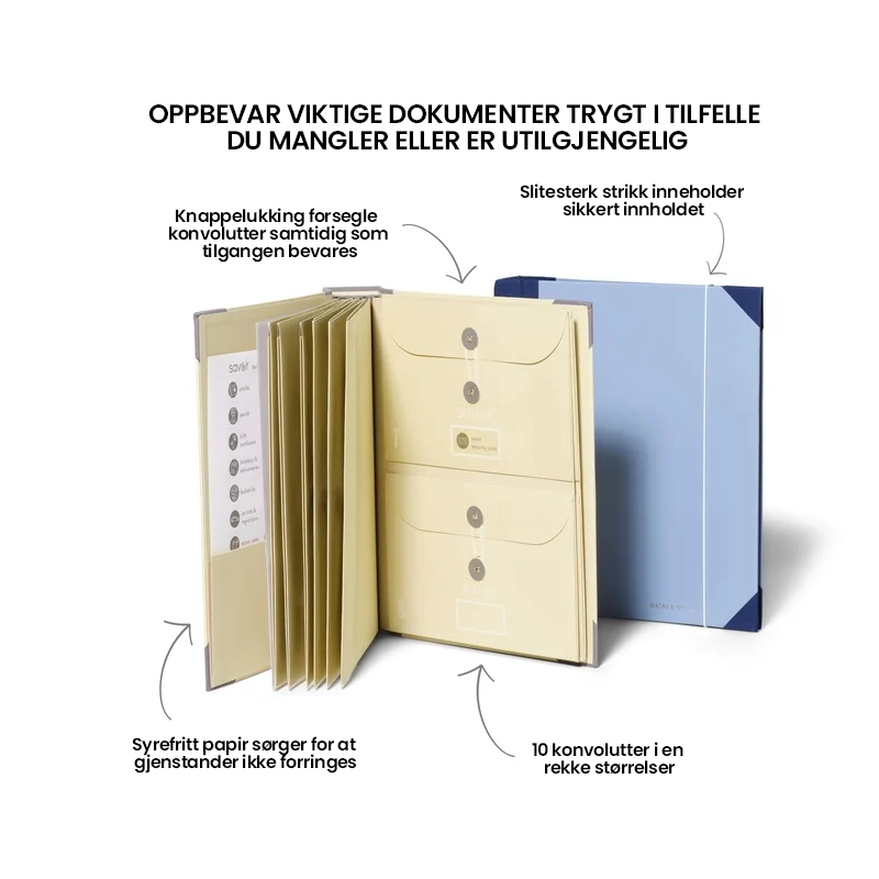 Blå dokumentmappe for organisering av familiens viktige papirer på hjemmekontoret.