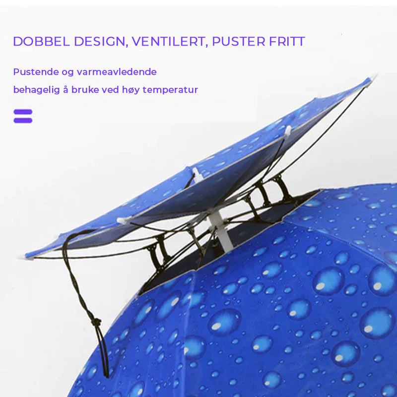 Innovativ paraplyhatt for henderfri bruk. Essensiell for camping, hagearbeid og friluftsliv.