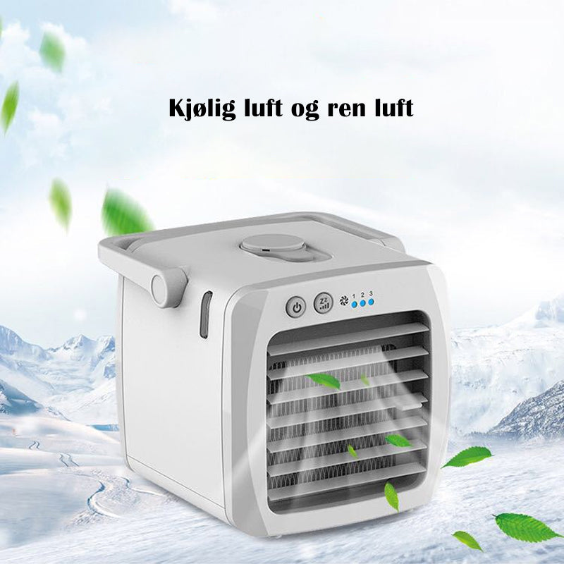 Stillegående bærbar luftkjøler med luftfukter. Energibesparende mini vifte for kjølig sommer.