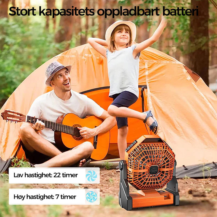 Kraftig og stillegående campingvifte som gir sval bris og lys i teltet. USB-lading.