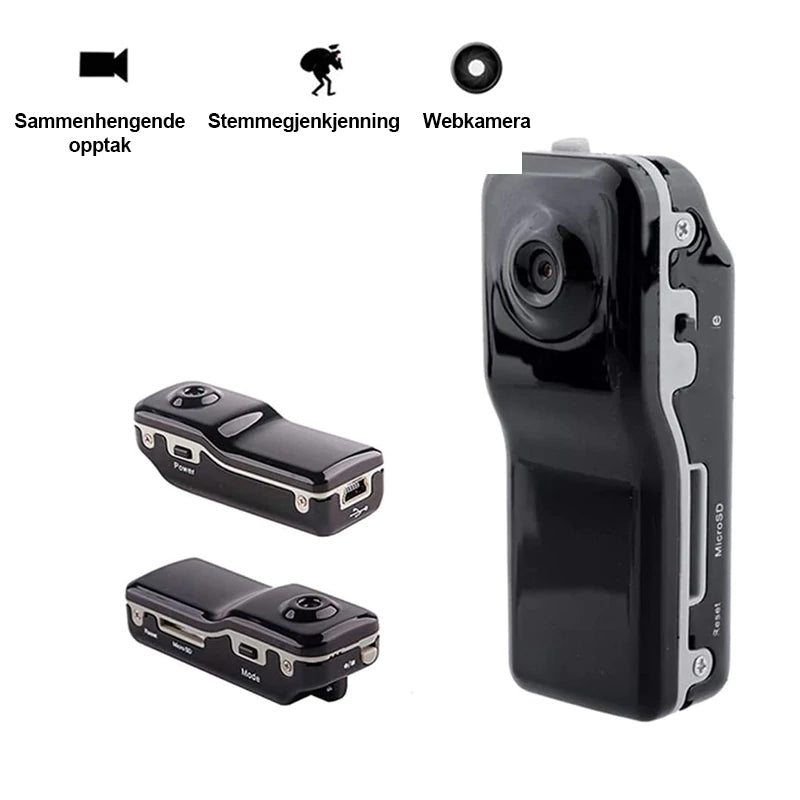 Liten sikkerhetskamera; diskret gadget for videoopptak og overvåkning, med enkel betjening.