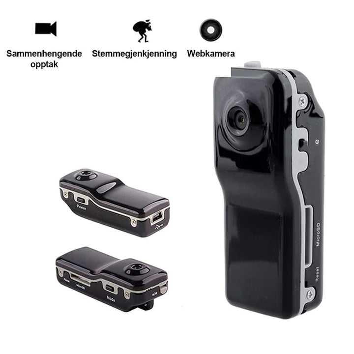 Liten sikkerhetskamera; diskret gadget for videoopptak og overvåkning, med enkel betjening.