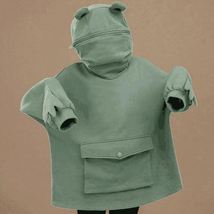 Grønn unisex froskehettegenser, myk og varm, et must for casual dager og en morsom stil.