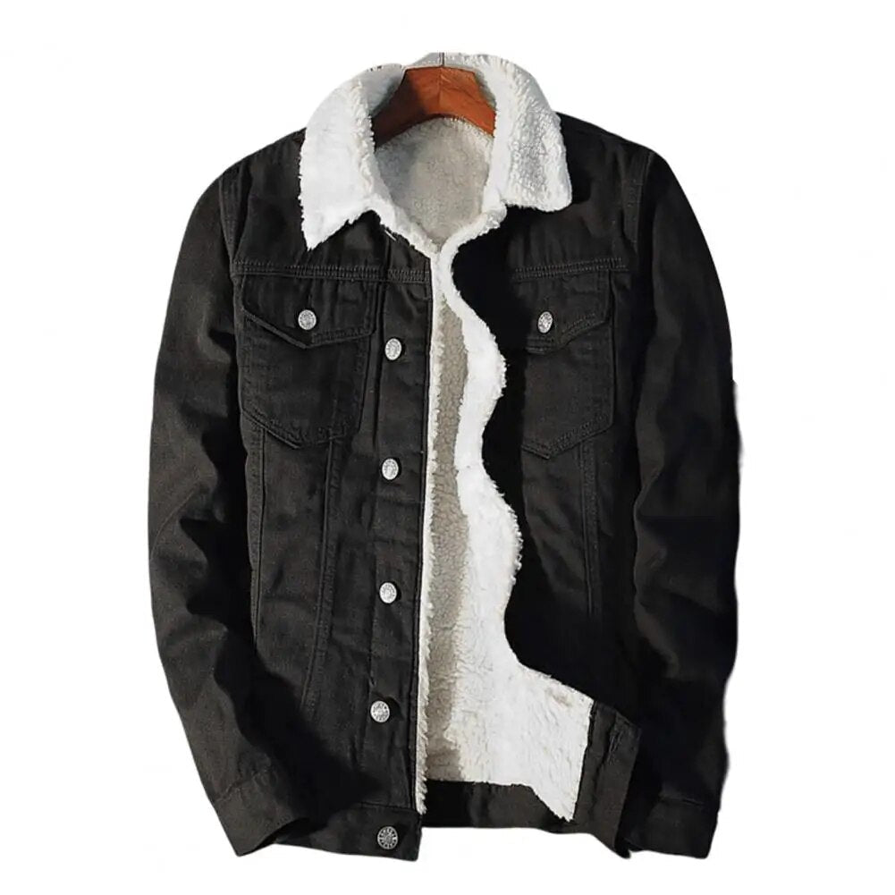 Herre denimfleece frakk, varm høst/vinterjakke. Stilig casual design med mykt fleecefôr for komfort.