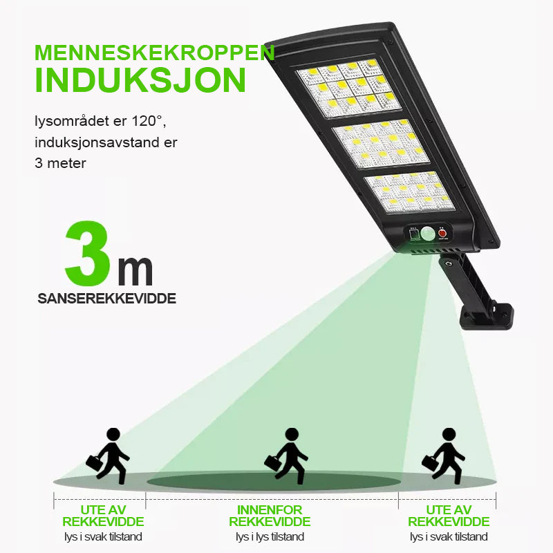 Solar gatelys for utendørs bruk. Fjernstyrt LED-lampe med bevegelsessensor og vanntett design.