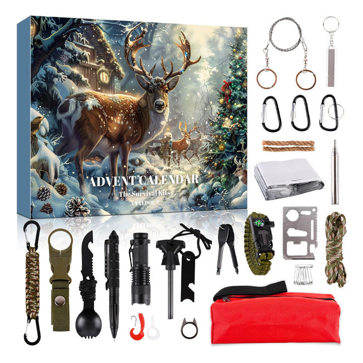 Julegave Survival Kit Adventskalender for den eventyrlystne, fylt med frilufts-verktøy.