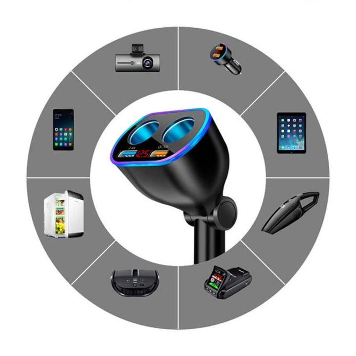 Dobbel USB billader med 360° rotasjon og digitalt spenningsdisplay. Kobles enkelt til sigarettenner.