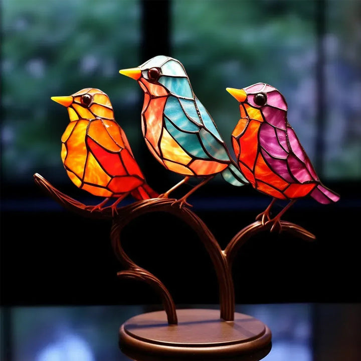 Detaljert akrylfigur: glade fugler på en gren, en vakker og fargerik hjemmedekorasjon.