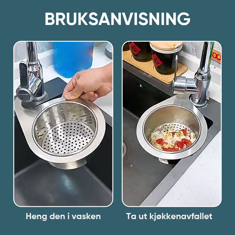 Innovativ avløpskurv for kjøkken. Svaneformet design, perfekt for hjørnet av vasken.