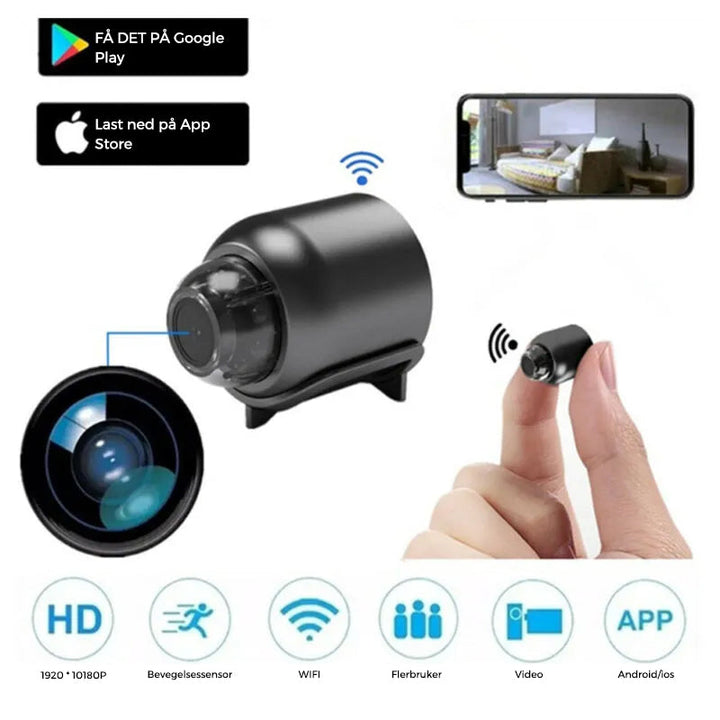 Minikamera med WiFi, 1080P HD, bevegelsesdeteksjon for smart overvåking.