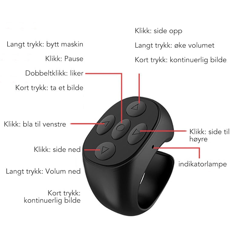 Handsfree Bluetooth fjernkontroll for mobil, perfekt for selfies, videoavspilling og e-boklesing.