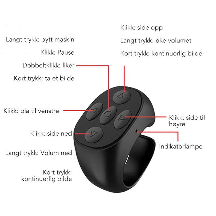 Handsfree Bluetooth fjernkontroll for mobil, perfekt for selfies, videoavspilling og e-boklesing.
