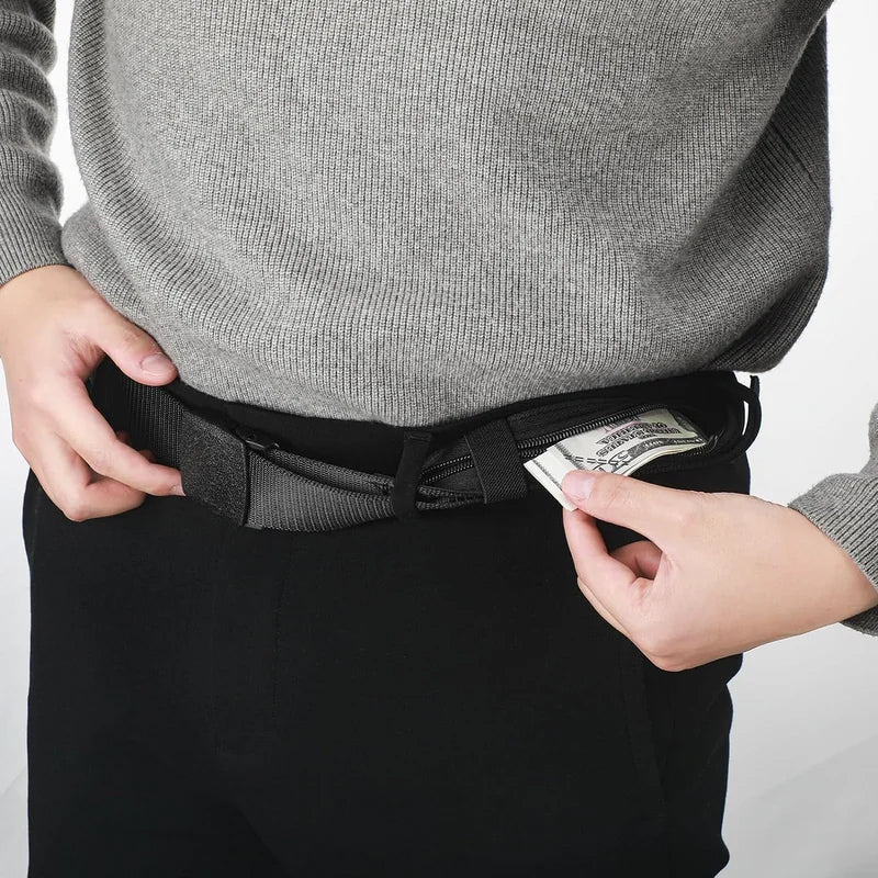 Svart unisex reisebelte med diskret skjult lomme, fungerer som sikkert pengebelte og tyverisikring.