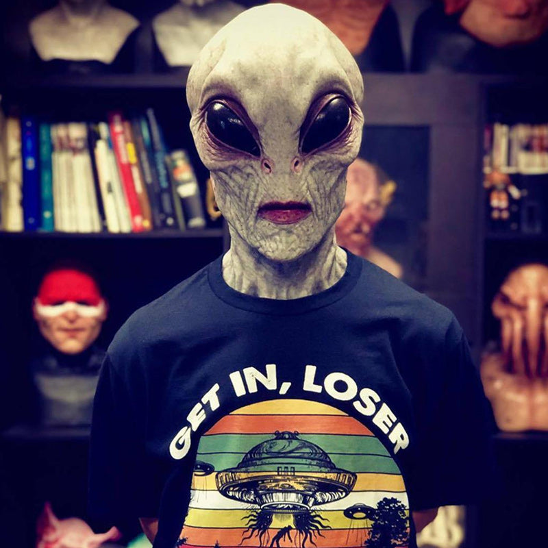 Realistisk grønn alien ansiktsmaske for Halloween-fest og sci-fi kostymer.