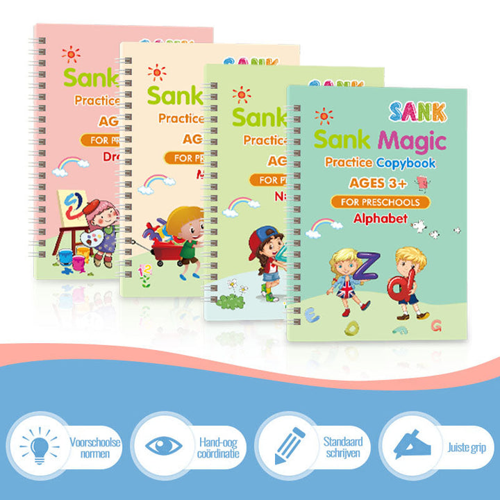 Gjenbrukbar håndskriftsbok for barn som lærer å skrive bokstaver og tall enkelt og morsomt.