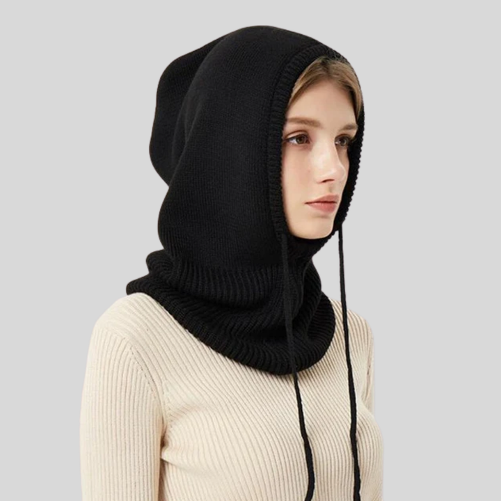 Strikket unisex halsvarmer med hette. Varmt vintertilbehør for kulde.
