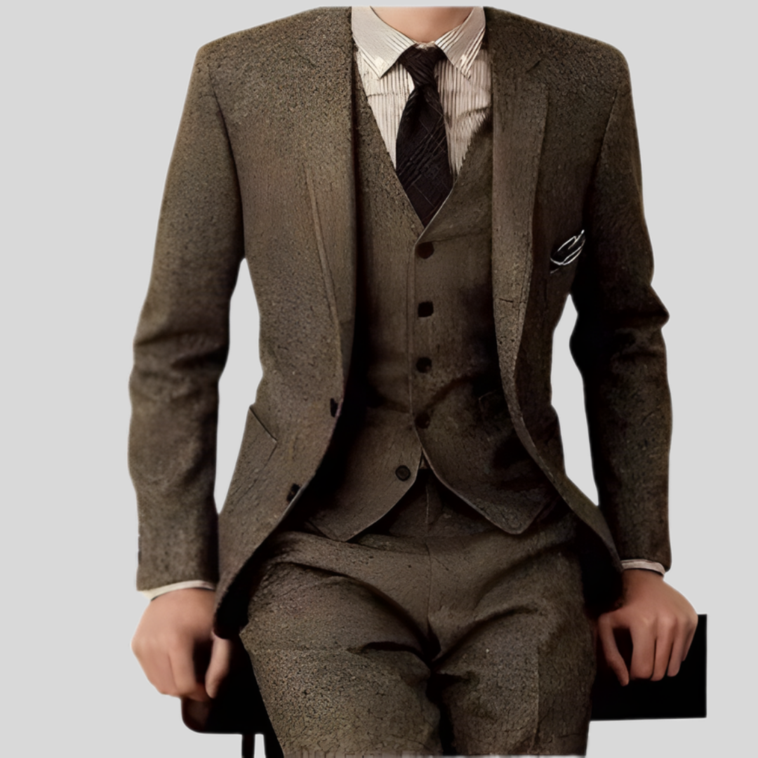 Menns elegante 3-dels slim-fit dress i klassisk design, komplett med blazer, vest og bukser for formelle anledninger.