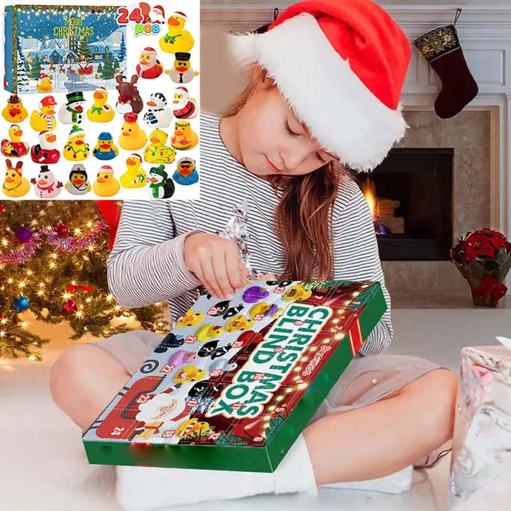 Gummileke badeender i festlig julekalenderemballasje for desember.