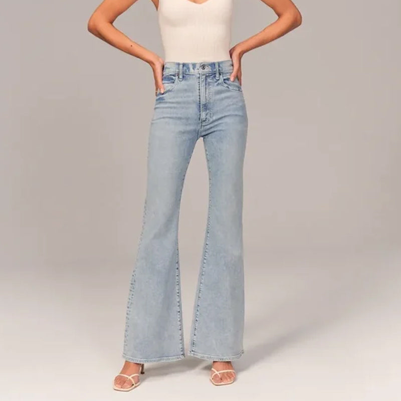 Kvinner's vintage-look jeans, høy midje og utsvingt med stretch.