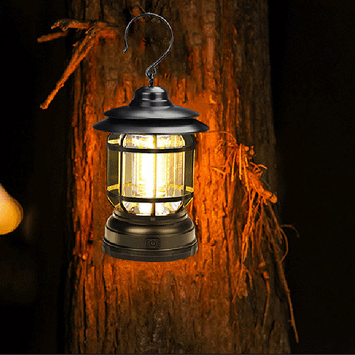 Stemningsfull retro campinglampe, batteridrevet LED for hyggelig kveldsbelysning.