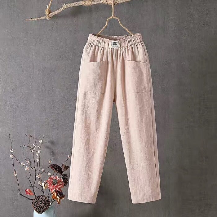 Boho-inspirert haremsbukse for damer i bomull og lin. Myk, løs passform og høy midje for en avslappet sommerstil.