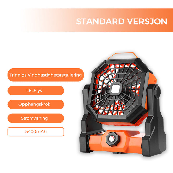 Innovativ campingvifte med dimbart LED-lys og flere hastigheter. Optimal for natt og dag.